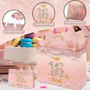 Vichona Rose Gold 16 & Sweet 16th Birthday Gift Bag for Girls, Sweet 16th Birthday Gifts Decorations for Girls, 16 Years Old Birthday Gift Bag Card for Daughter Granddaughter Friends