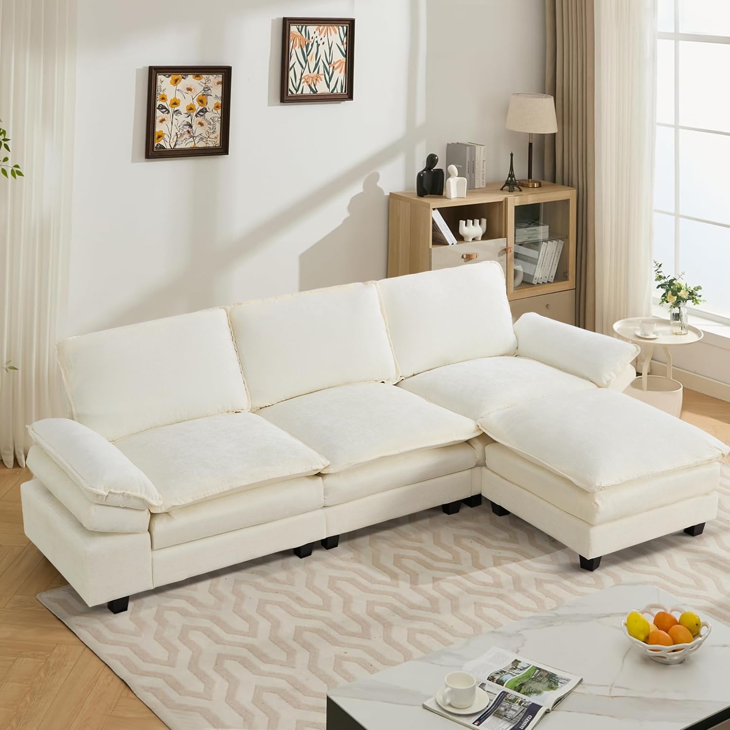 IPKIG 108.7" L Shaped Sofa - Convertible Sectional Couches for Living Room, Modular 4 Seat Oversized Comfy Chenille Fabric Sofas with Removable Ottoman and Adjustable Armrest (Beige White)