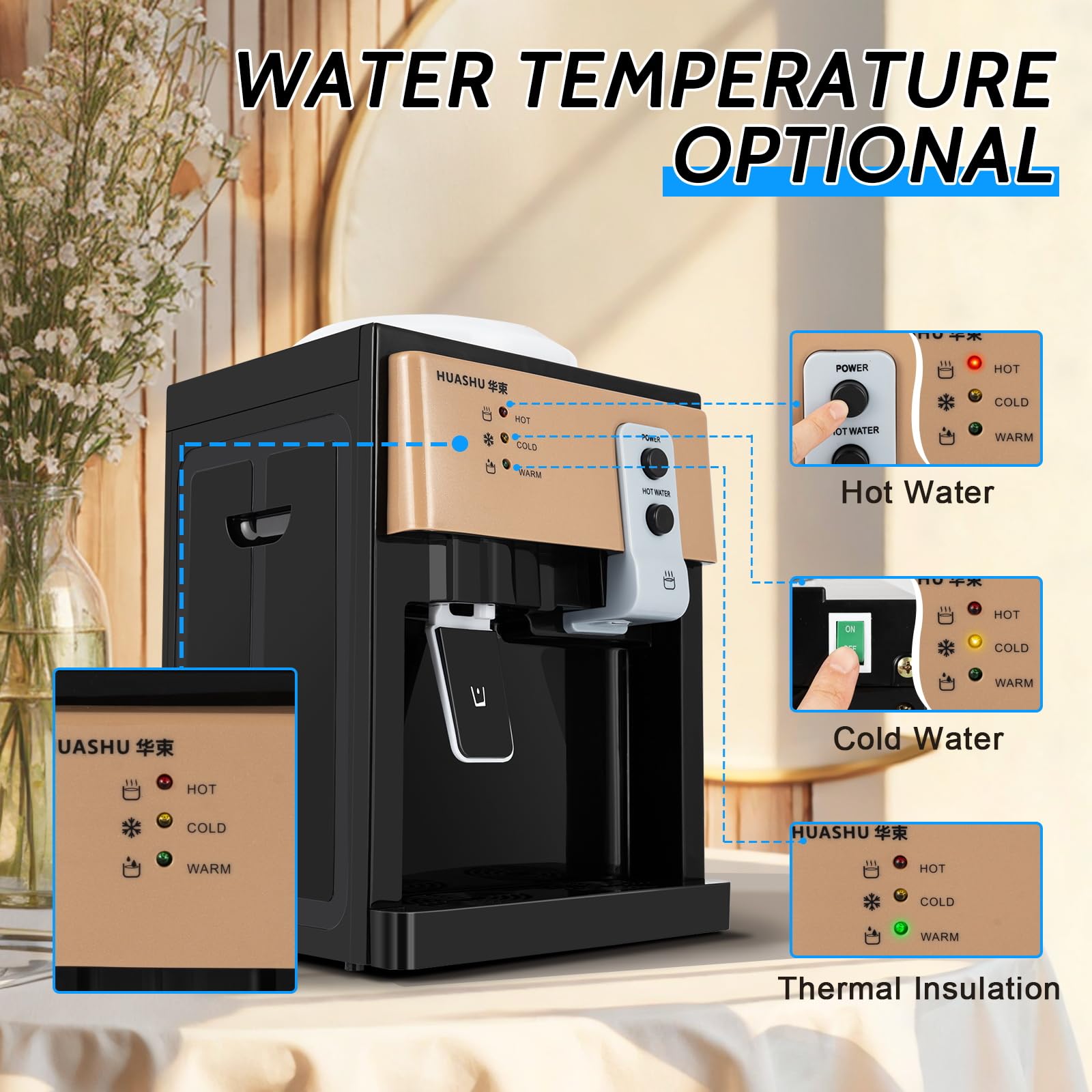 Electric Hot and Cold Water Cooler Dispenser Room Temperature Water Cold Hot Countertop Desktop Water Dispense 110V Bedside Water Dispenser for Home/Office/Dormitory Use (Champagne Gold)