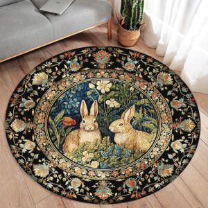 orlco art round rug,machine washable round bunny area rug with non slip backing,44 inches cute rabbits bohemian floral animal nursery rug floor decoration carpet mat for living room,bedroo