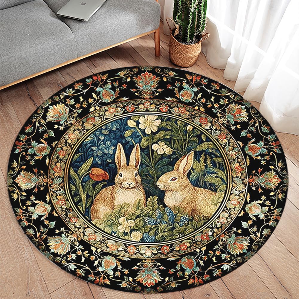 Orlco Art Round Rug,Machine Washable Round Bunny Area Rug with Non Slip Backing,44 Inches Cute Rabbits Bohemian Floral Animal Nursery Rug Floor Decoration Carpet Mat for Living Room,Bedroo