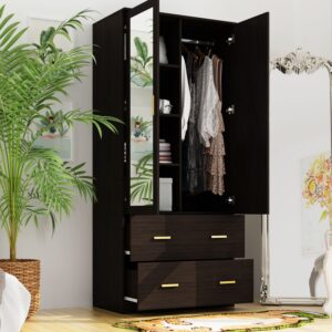 FAMAPY Armoire Wardrobe with Mirror & 2 Drawers, 2-Door Wardrobe with Shelves & Hanging Rod, Gold Metal Handles, for Cloakroom Black-Brown (31.5”W x 18.9”D x 72”H)