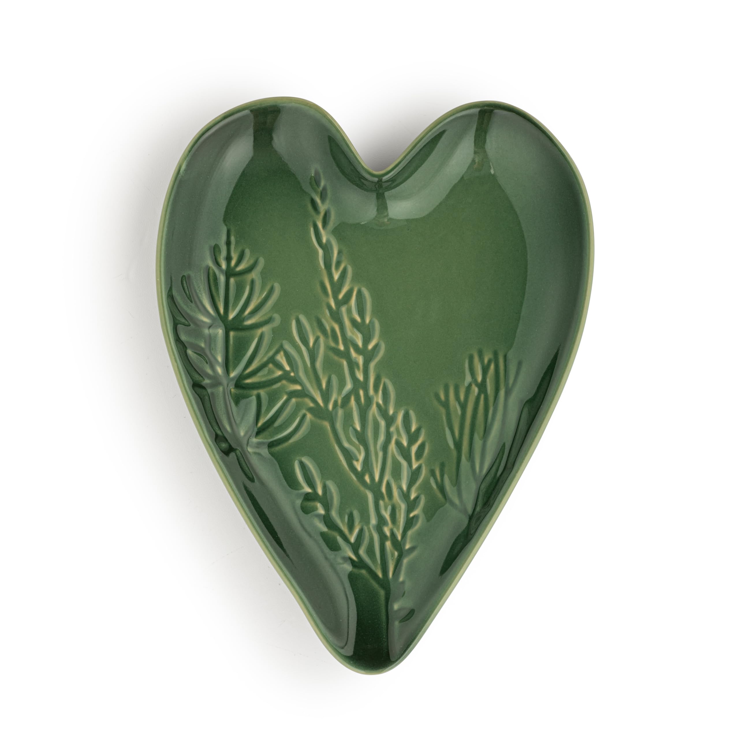 DEMDACO Pressed Floral Design - 6.5 x 4.5 Inch Pine Green Stoneware Heart Shaped Kitchen Utensil Spoon Rest