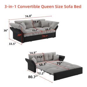 74.8" Sleeper Sofa Couch with Pullout Bed, Queen Pull Out Sofa Bed Velvet Convertible Sofa Bed, Comfy Cloud Couch Bed Reclining Loveseat Sleeper for Living Room Apartment, Grey