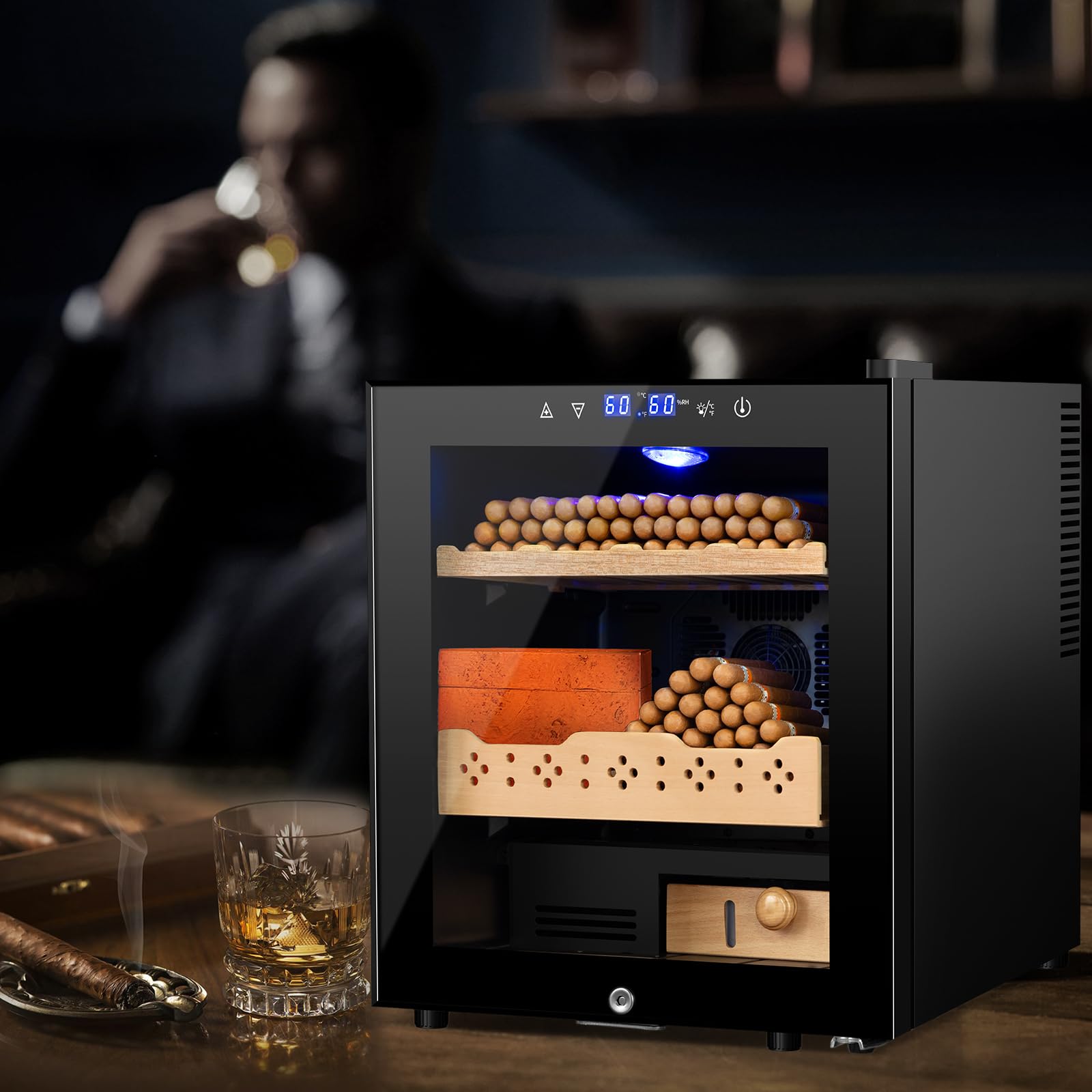 Electric Humidor for Cigars, 50L 300 Counts Large Capacity,Thermostatic Desktop Electric Cooler Cabinet with Digital LED Screen, Safety Lock,Smart Humidity & Temp Control, Gifts for Men