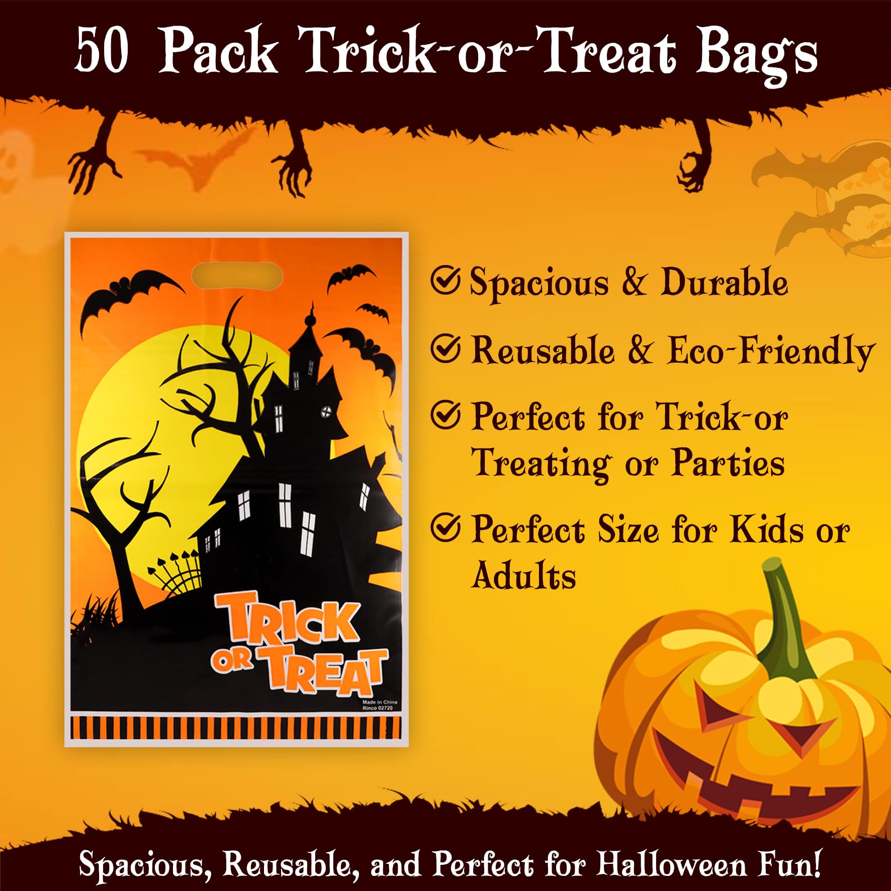 Srenta Halloween Bags for Trick or Treat Bulk, 50 Pieces Halloween Bags Bulk, 11 x 17 Inches Trick or Treat Bags Bulk, Halloween Plastic Bags for Candy, Goody, Gift, Treat Party Favor Supplies