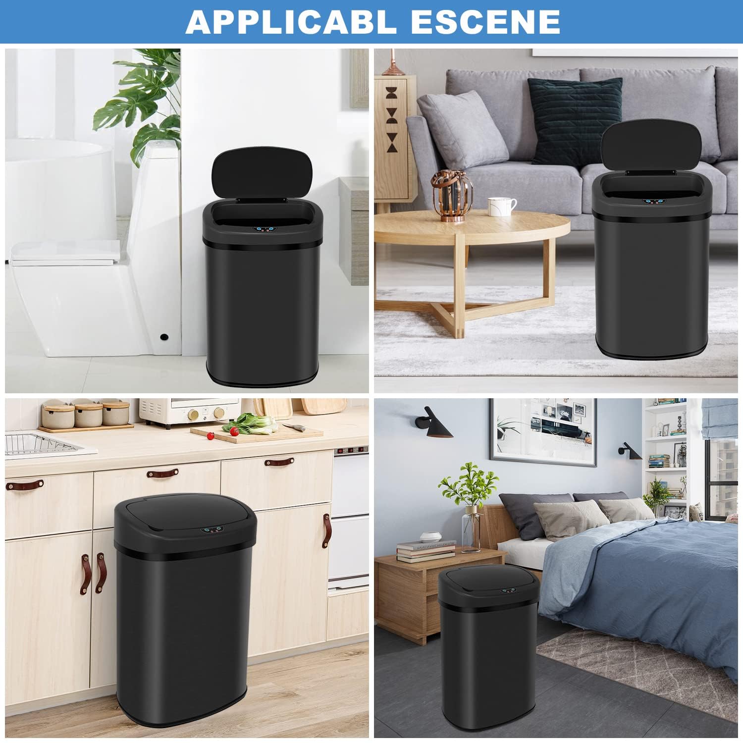 Bigacc 13 Gallon 50 Liter Kitchen Trash Can with Touch-Free & Motion Sensor, Automatic Stainless-Steel Garbage Can, Anti-Fingerprint Mute Designed Trash Bin-Black