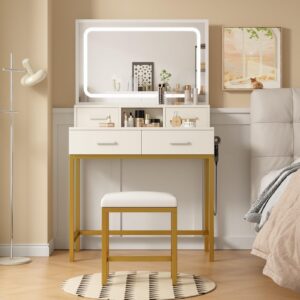 Makeup Vanity with Mirror and Lights, Vanity Desk Table with 2 Drawers, Extra Storage Boxes and Hairdryer Holder, 3 Color Modes Available, Vanity Desk with Chair Set for Bedroom, White