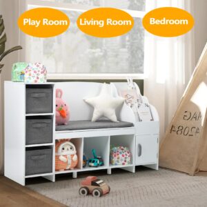 Kids Bookshelf with Reading Nook, Toddler Bookcase with Seat Cushion and Adjustable Shelf, Storage Bench with Book Rack for Bedroom, Playroom, Nursery, White