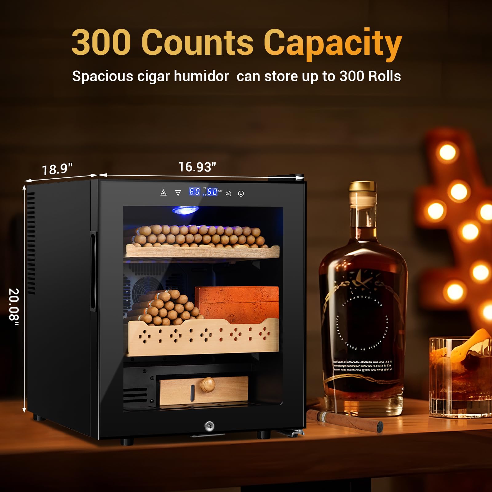 Electric Humidor for Cigars, 50L 300 Counts Large Capacity,Thermostatic Desktop Electric Cooler Cabinet with Digital LED Screen, Safety Lock,Smart Humidity & Temp Control, Gifts for Men