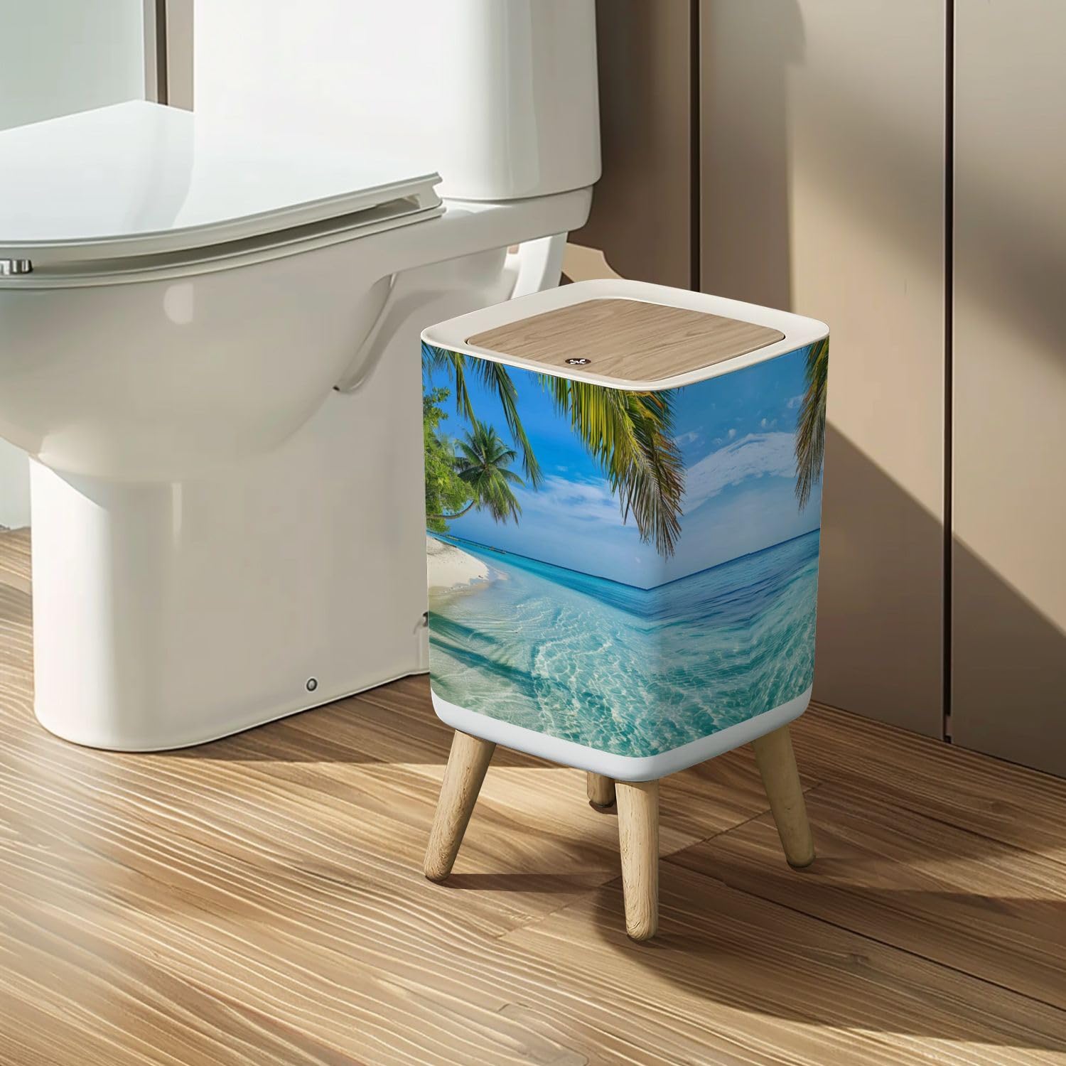 LGCZNWDFHTZ Small Trash Can with Lid Maldives Island Wastebasket with Press Cover Dog Proof Garbage Can Waste Bin for Kitchen Bathroom Nursery 2.6 Gallon