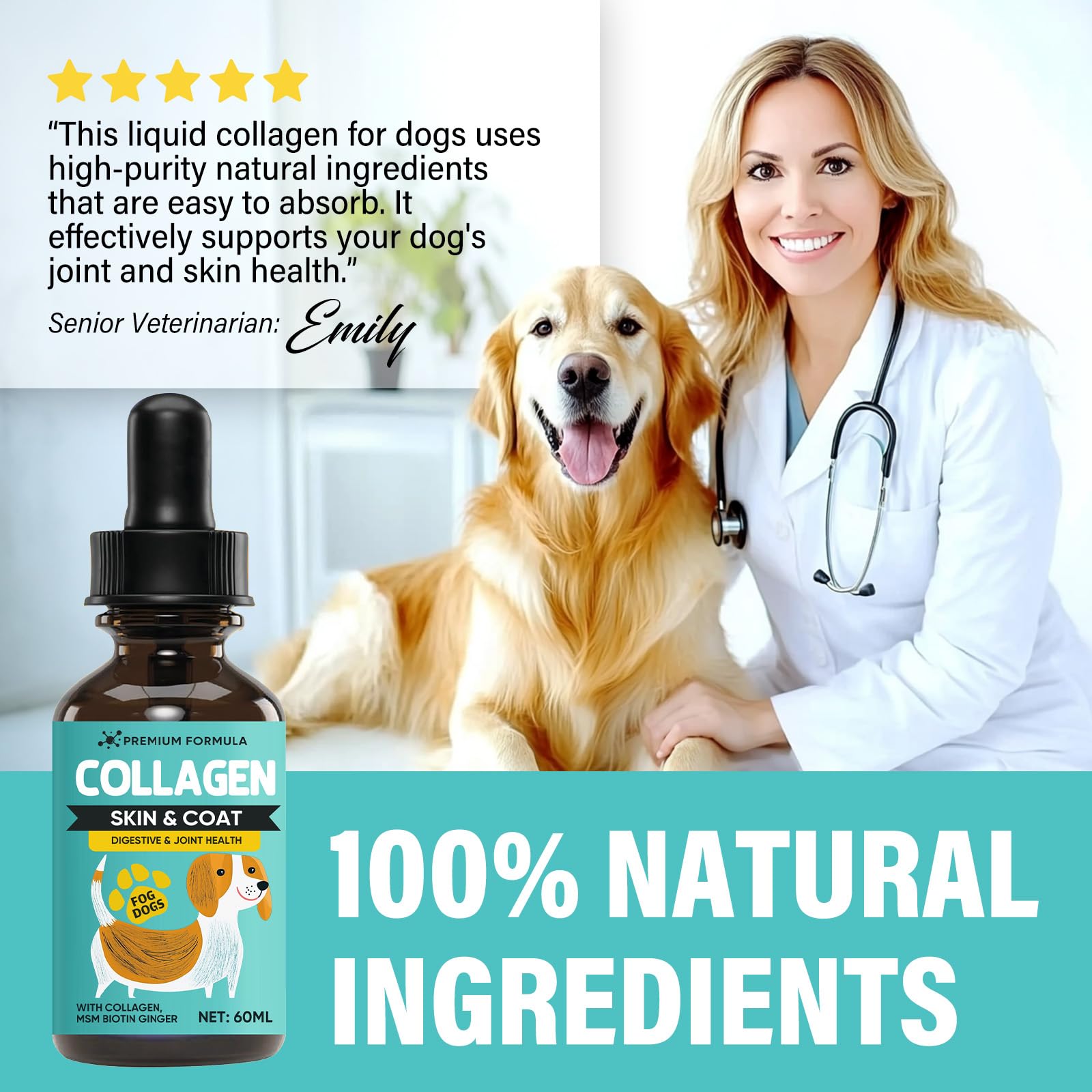 Liquid Collagen for Dogs, Dog Collagen Skin and Coat Supplement, Itch Relief for Dogs and Cats, Daily Collagen Drops Supports Joints and Digestive System Health