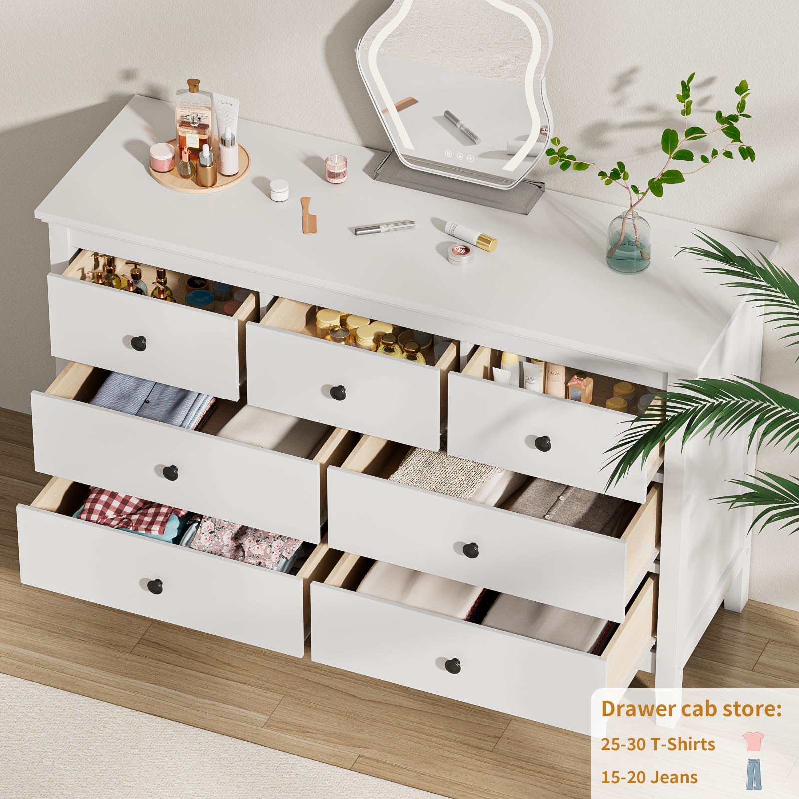 CARPETNAL White Dresser for Bedroom, 7 Drawer Dresser with Wide Drawers and Metal Handles, Woode Dressers & Chests of Drawers for Hallyway, Entryway.