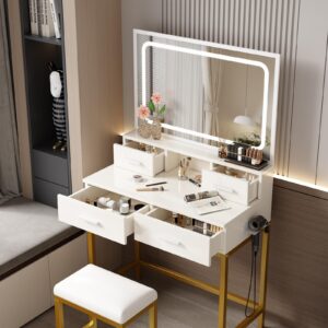 Makeup Vanity with Mirror and Lights, Vanity Desk Table with 2 Drawers, Extra Storage Boxes and Hairdryer Holder, 3 Color Modes Available, Vanity Desk with Chair Set for Bedroom, White