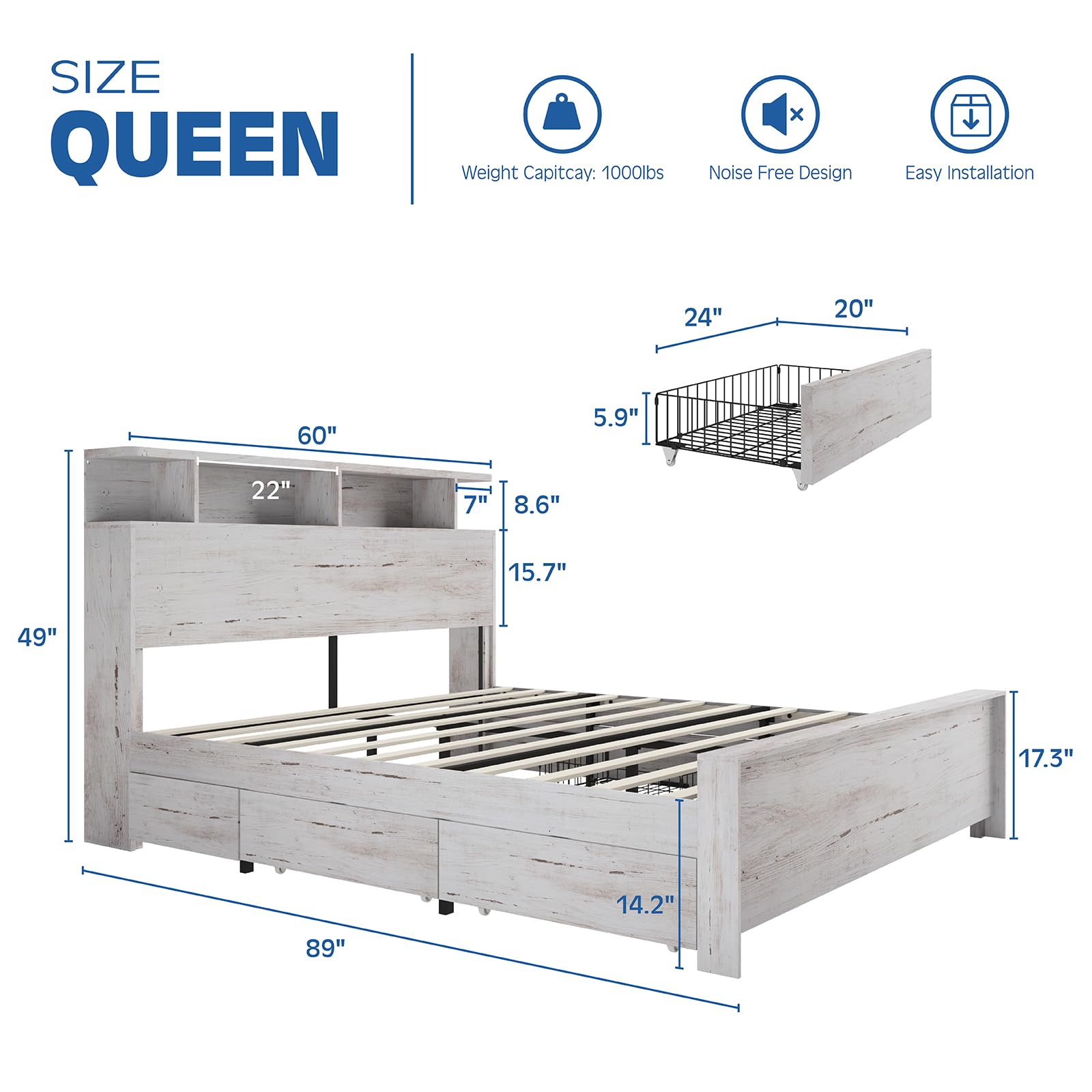 LUXOAK Queen Bed Frame with 49" Tall Bookcase Headboard, Metal Platform Bed with 4 Storage Drawers, LED Lights & Charging Station, No Box Spring Needed, Easy Assembly, Rustic White