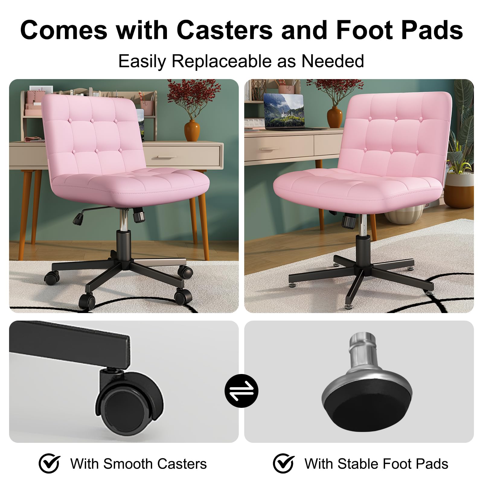 SeekFancy Criss Cross Chair with Wheels, Pink Armless Legged Office Desk Chair Wide Seat, Leather Comfortable Adjustable Swivel Computer Task Vanity Chairs for Small Space, Home Office