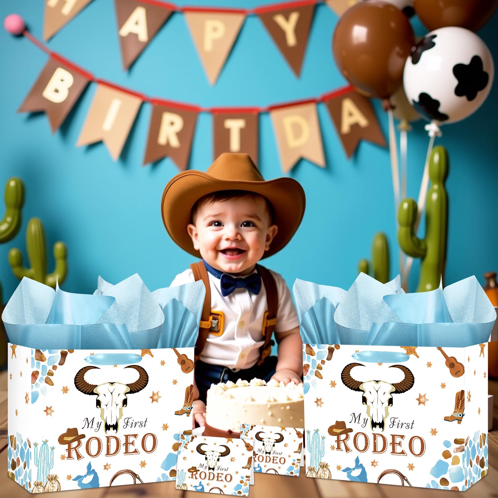 My First Rodeo Birthday Gift Bag Western Cowboy 1st Birthday Gift Bag with Tissue Paper Greeting Card My First Rodeo Birthday Decor Boy Wild West 1st Wrapping Paper Bags for Baby Boy Bday Party Supply