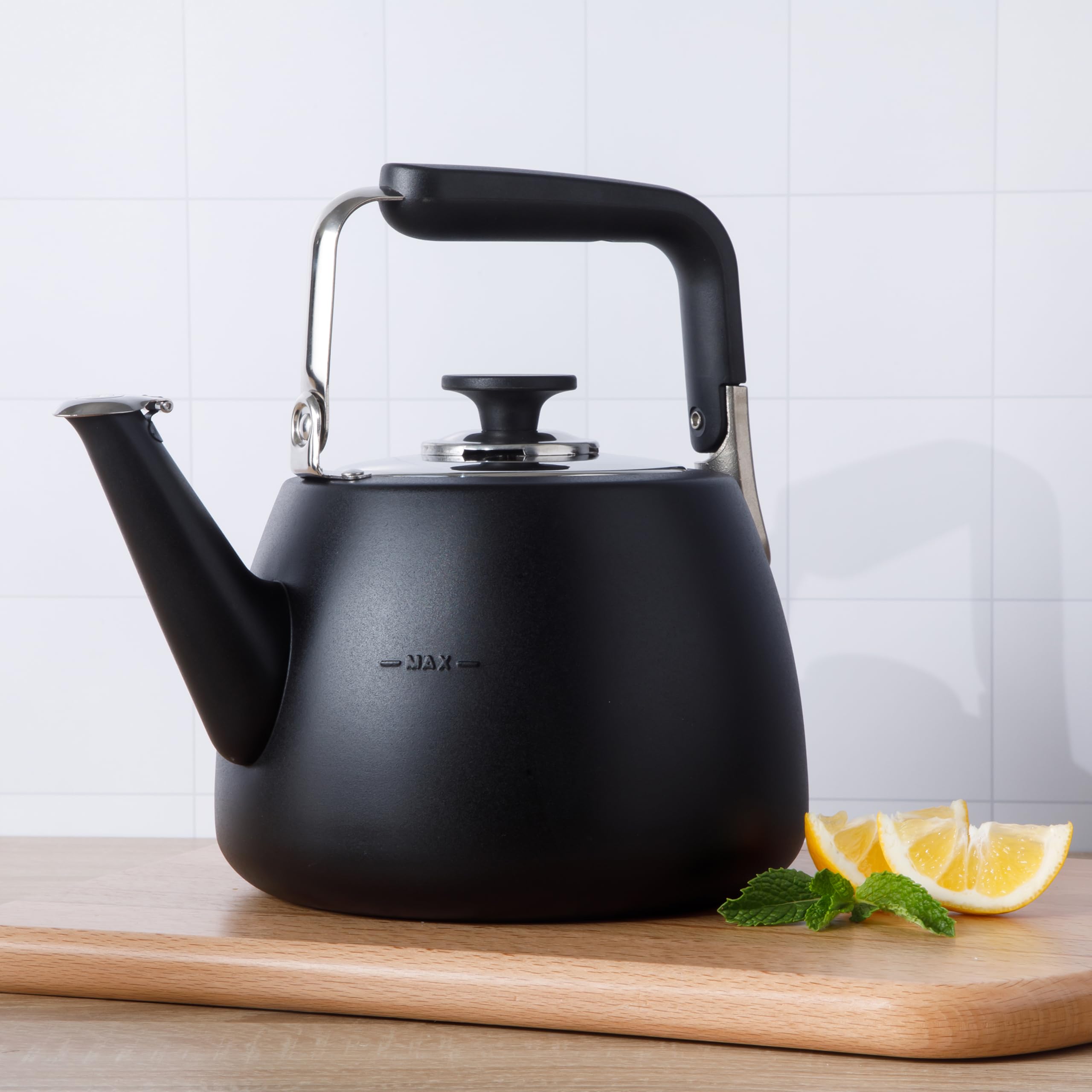 Sur La Table Kitchen Essentials Large 2 QT Heavy Gauge Stainless Steel Whistling Tea Kettle - Matte Black