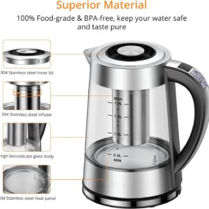 CHEFESS Electric Glass Kettle, 1.8 L / 60.8 oz Tea Kettle with 12 Temperature Control and Tea Infuser, up to 24-Hour Keep Warm, Stainless Steel Lid & Strainer, Hot Water Boiler for Coffee, Tea