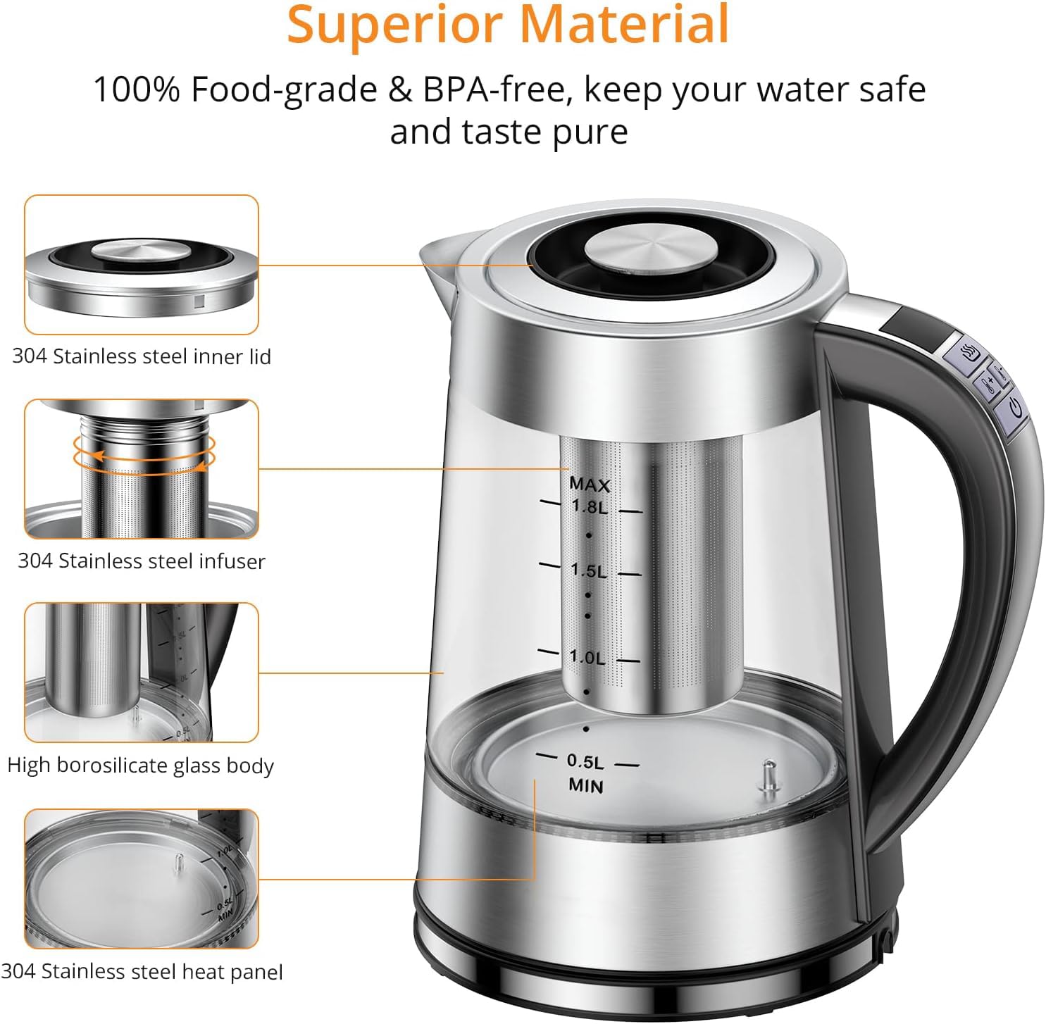 CHEFESS Electric Glass Kettle, 1.8 L / 60.8 oz Tea Kettle with 12 Temperature Control and Tea Infuser, up to 24-Hour Keep Warm, Stainless Steel Lid & Strainer, Hot Water Boiler for Coffee, Tea