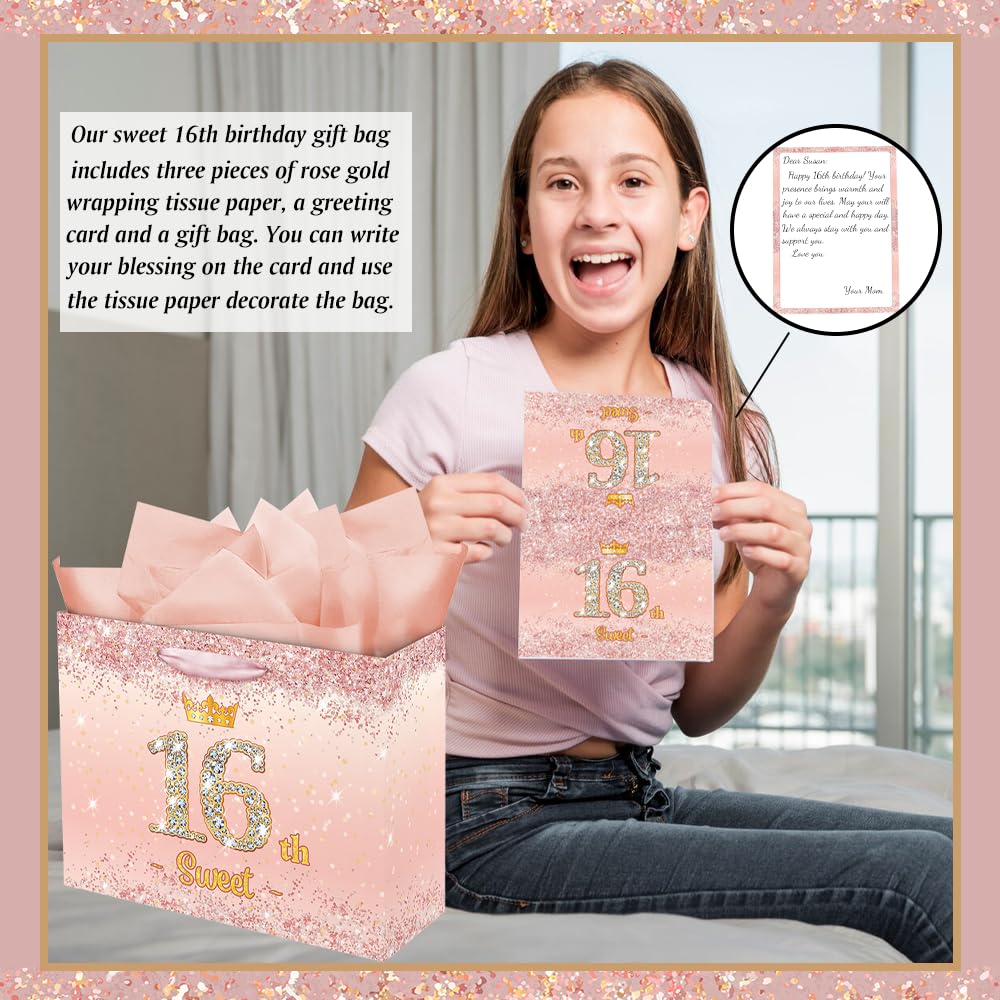 Vichona Rose Gold 16 & Sweet 16th Birthday Gift Bag for Girls, Sweet 16th Birthday Gifts Decorations for Girls, 16 Years Old Birthday Gift Bag Card for Daughter Granddaughter Friends