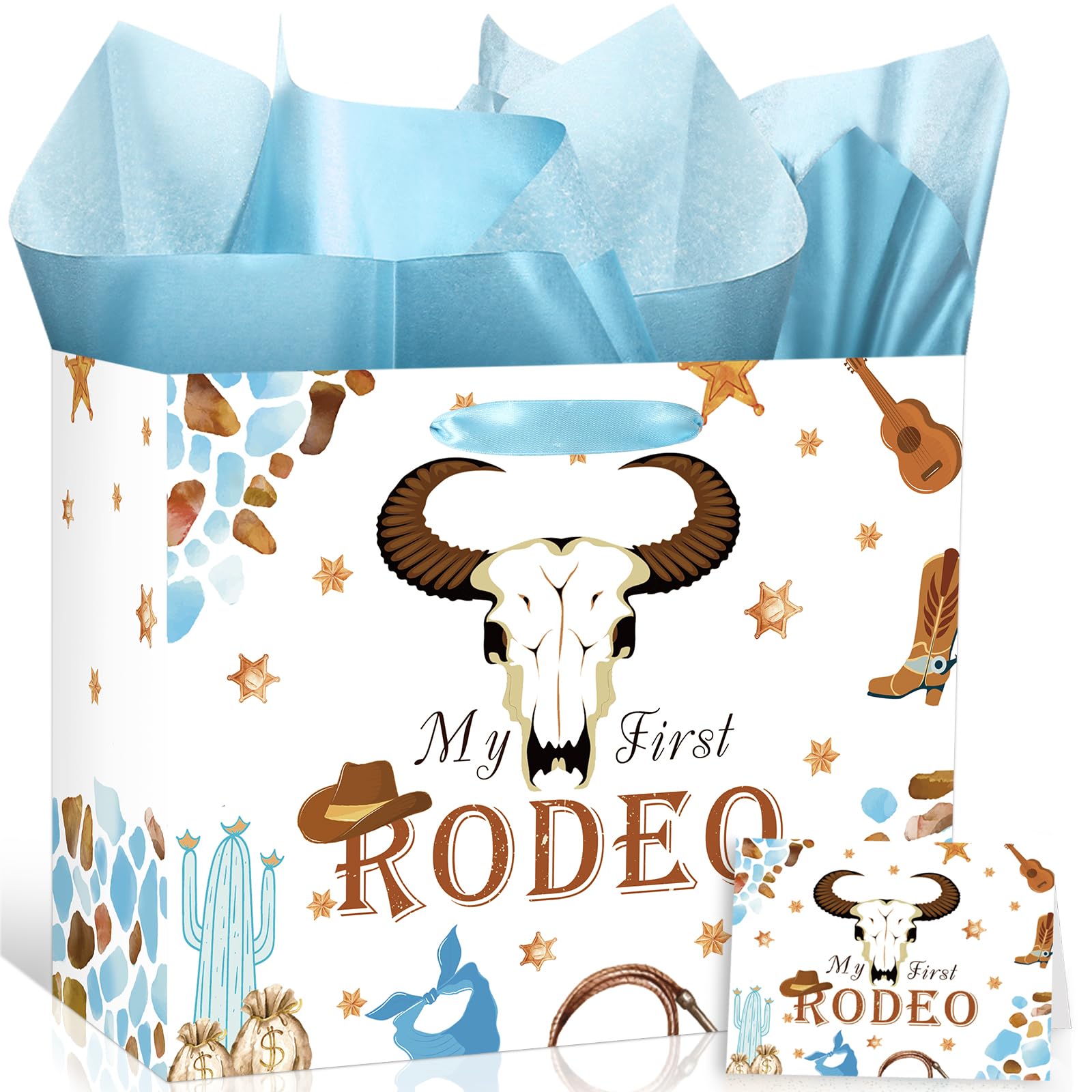 My First Rodeo Birthday Gift Bag Western Cowboy 1st Birthday Gift Bag with Tissue Paper Greeting Card My First Rodeo Birthday Decor Boy Wild West 1st Wrapping Paper Bags for Baby Boy Bday Party Supply