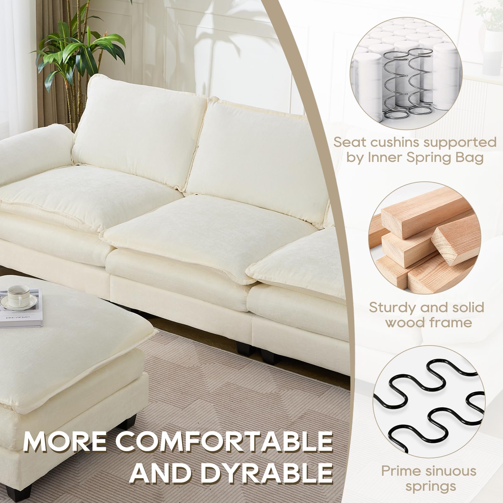 IPKIG 108.7" L Shaped Sofa - Convertible Sectional Couches for Living Room, Modular 4 Seat Oversized Comfy Chenille Fabric Sofas with Removable Ottoman and Adjustable Armrest (Beige White)