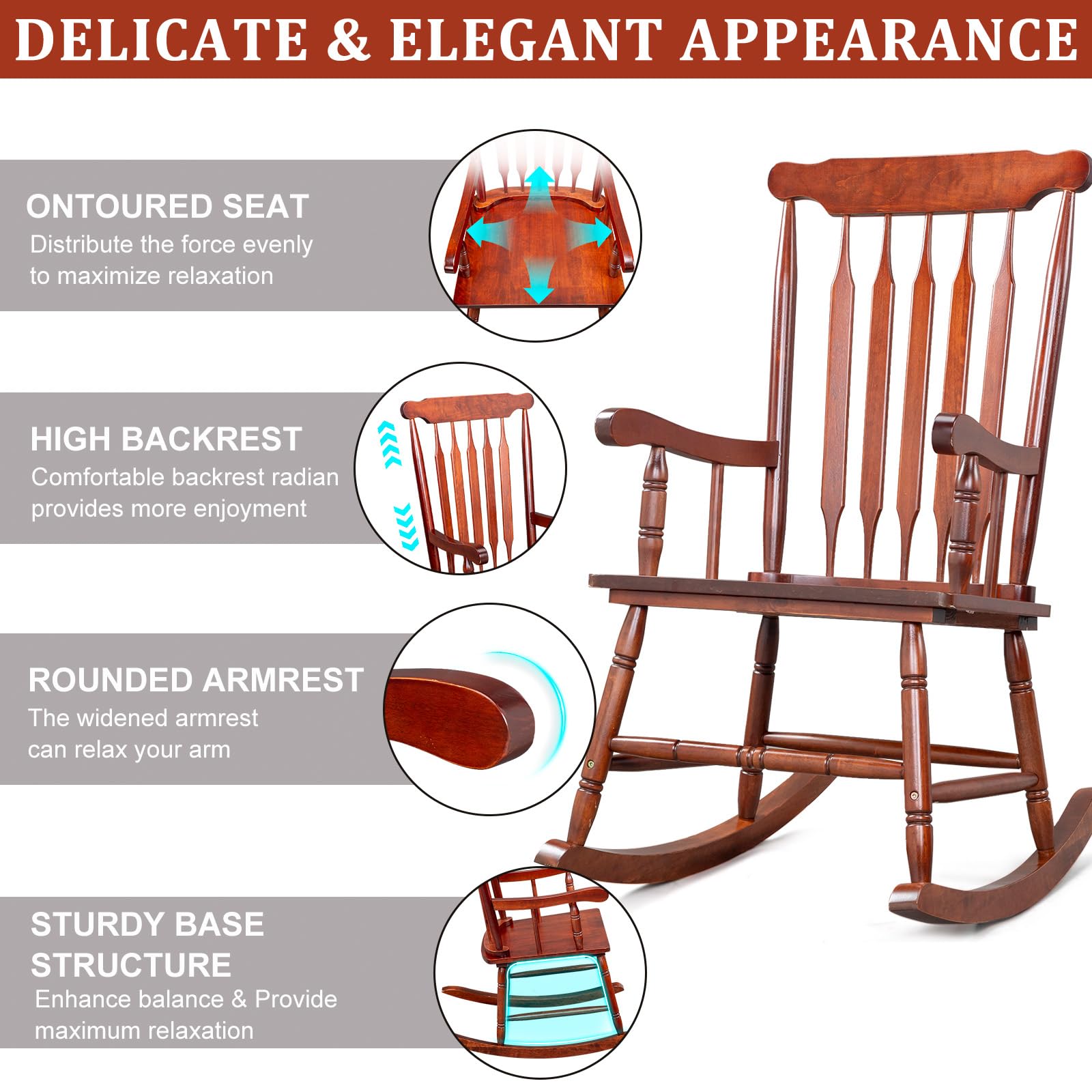 VINGLI Solid Wooden Rocking Chair, Outdoor Rocking Chair with Higher Backrest, Patio Rocker with Comfortable Seat, All Weather Rocking Chair for Garden, Yard, Balcony, Brown