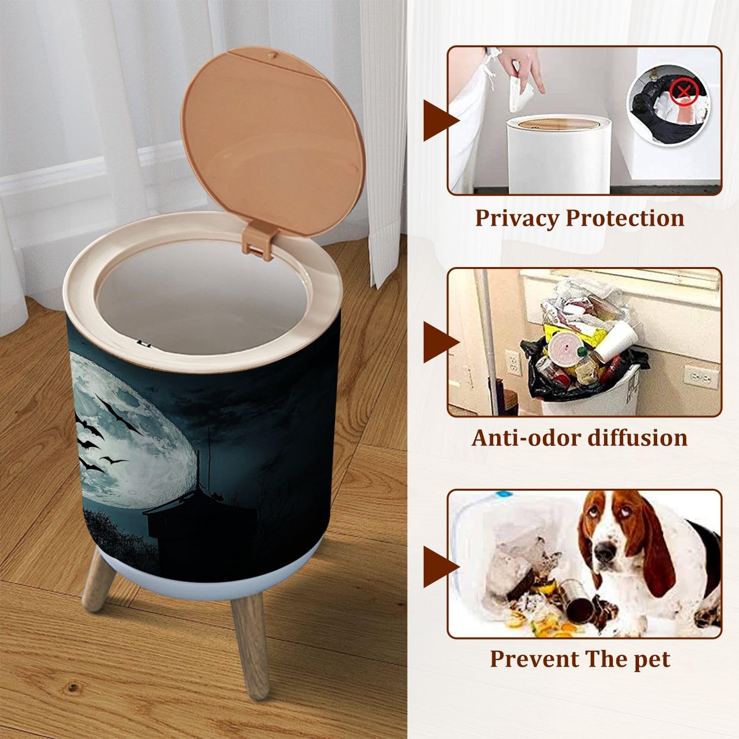 LGCZNWDFHTZ Small Trash Can with Lid Bats Garbage Bin Pet Proof Waste Basket for Kitchen Bathroom Office Bedroom Decorative 1.8 Gallon