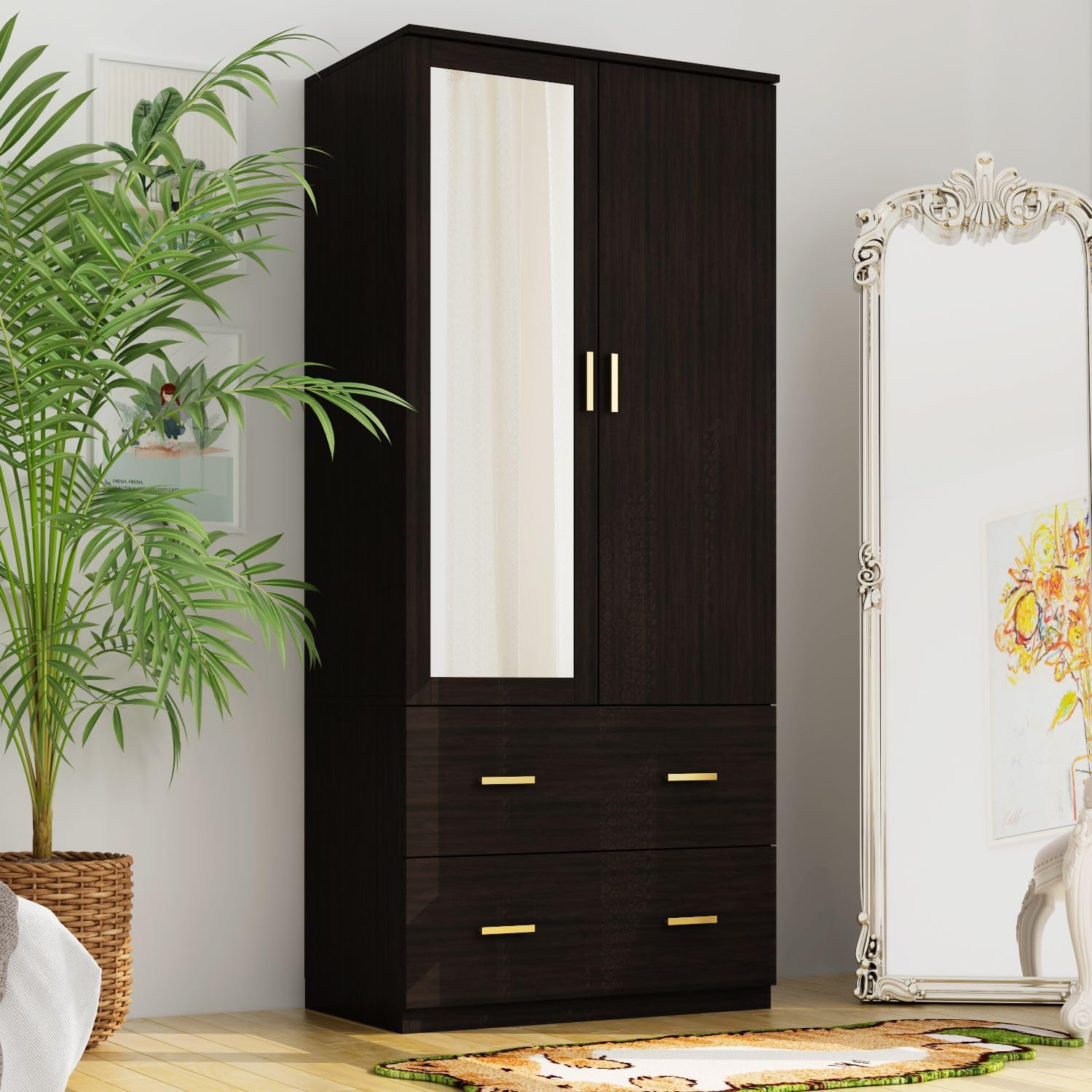 FAMAPY Armoire Wardrobe with Mirror & 2 Drawers, 2-Door Wardrobe with Shelves & Hanging Rod, Gold Metal Handles, for Cloakroom Black-Brown (31.5”W x 18.9”D x 72”H)