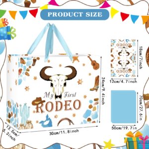 My First Rodeo Birthday Gift Bag Western Cowboy 1st Birthday Gift Bag with Tissue Paper Greeting Card My First Rodeo Birthday Decor Boy Wild West 1st Wrapping Paper Bags for Baby Boy Bday Party Supply