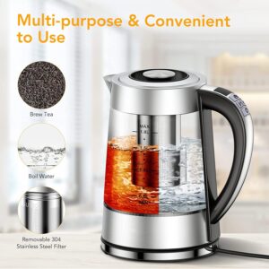 CHEFESS Electric Glass Kettle, 1.8 L / 60.8 oz Tea Kettle with 12 Temperature Control and Tea Infuser, up to 24-Hour Keep Warm, Stainless Steel Lid & Strainer, Hot Water Boiler for Coffee, Tea