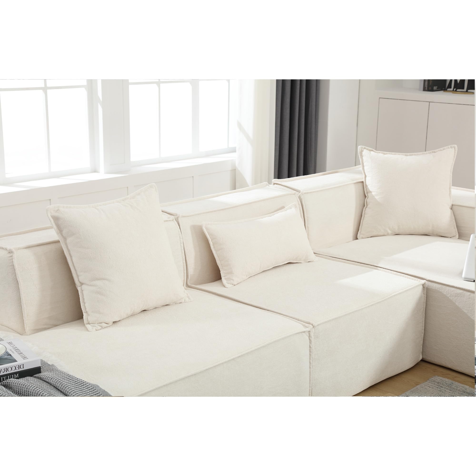 129" L-Shape Modular Sectional Sofa Couch—Comfy Modern Minimalist Upholstered Corn Cloud Couches for Living Room Apartment, Deep Seat, No Assembly Required (Beige, Right Facing Chaise)