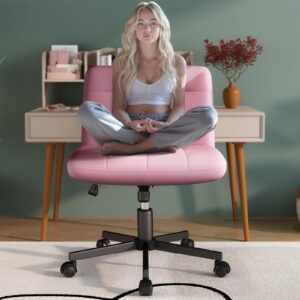 seekfancy criss cross chair with wheels, pink armless legged office desk chair wide seat, leather comfortable adjustable swivel computer task vanity chairs for small space, home office