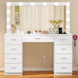 quimoo vanity desk with large lighted mirror and power outlet, 46" makeup vanity with 9 drawers and glass desktop, vanity table with 12 led lights, 3 lighting color adjustable (white)