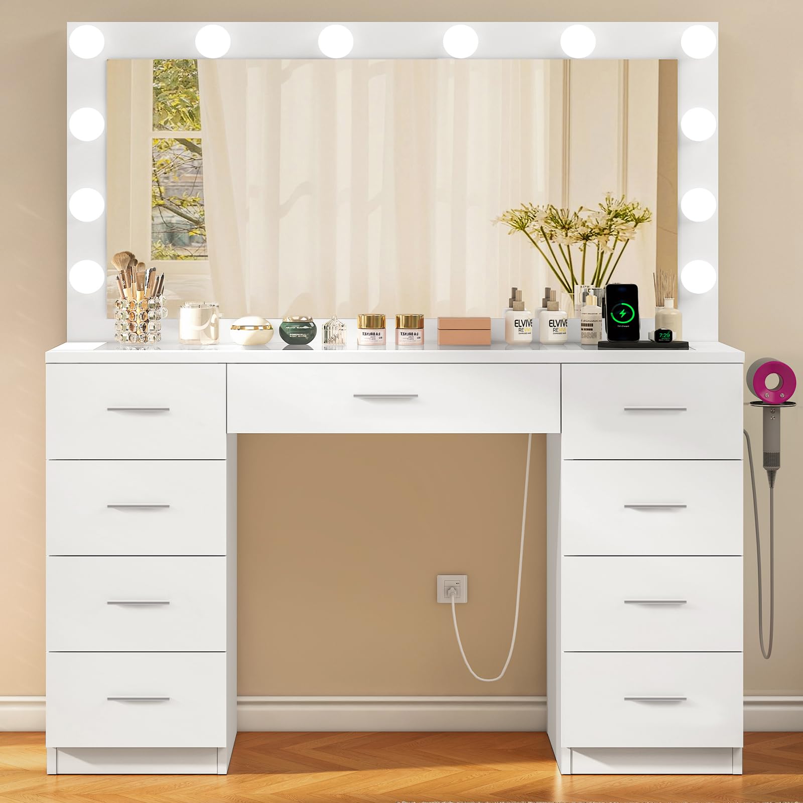 Quimoo Vanity Desk with Large Lighted Mirror and Power Outlet, 46" Makeup Vanity with 9 Drawers and Glass Desktop, Vanity Table with 12 LED Lights, 3 Lighting Color Adjustable (White)