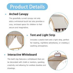 Polibi Twin Size Extended Bed with Arched Canopy, Trundle and Light Strip, Wooden Canopy Bed with Whiteboard (Natural)