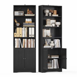 gizoon bookcase, bookshelves and bookcases, 71” 6-shelf bookcase with doors, floor standing display storage shelves, with adjustable shelves, for home, office, living room, bedroom, black