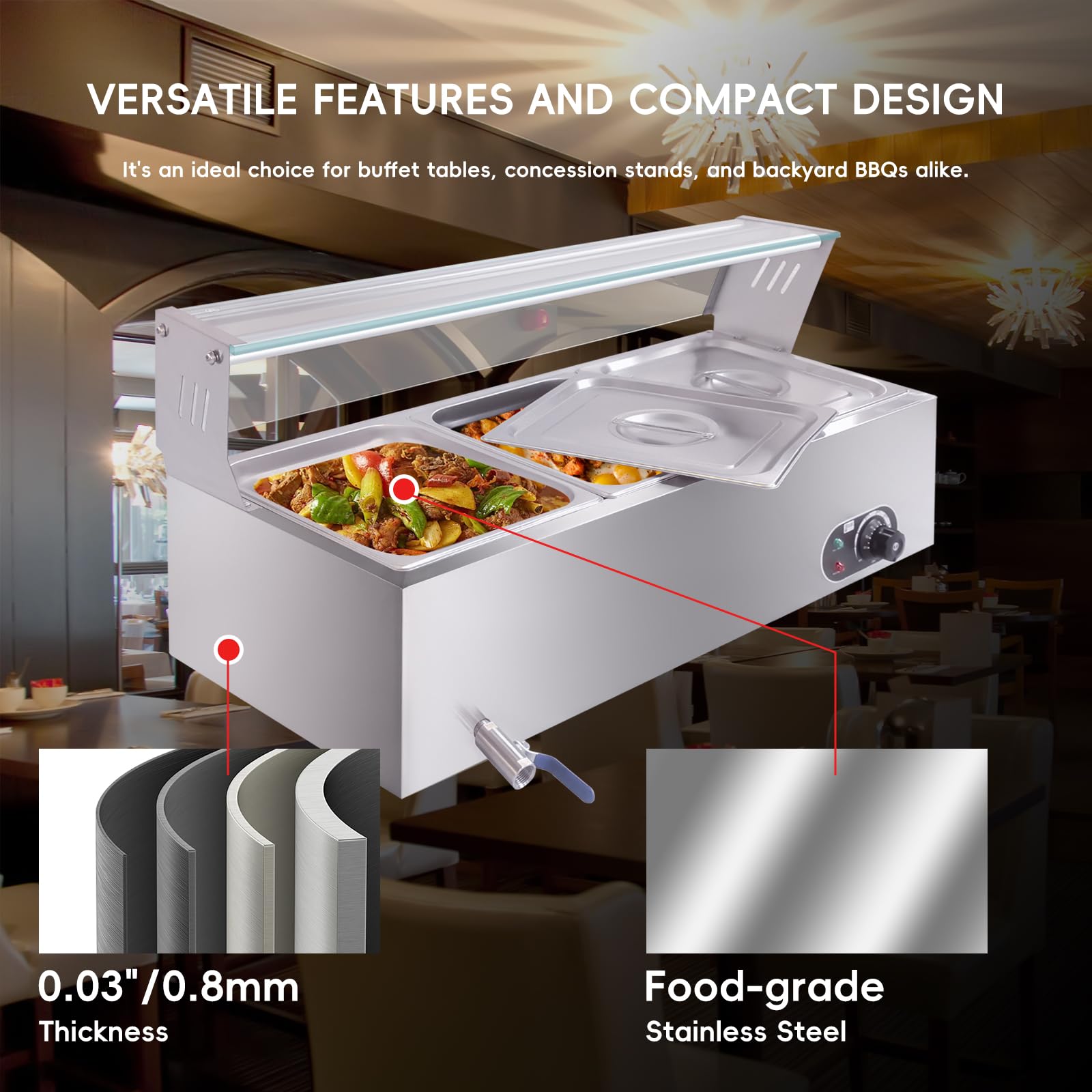 Fashionwu Commercial Grade Stainless Steel Food Warmer, Countertop Steam Table Food Warmer with Tempered Glass Shade Temperature Control for Parties, Catering, Restaurants, 3 x 12QT