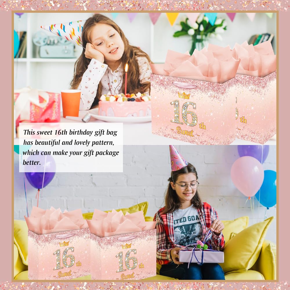 Vichona Rose Gold 16 & Sweet 16th Birthday Gift Bag for Girls, Sweet 16th Birthday Gifts Decorations for Girls, 16 Years Old Birthday Gift Bag Card for Daughter Granddaughter Friends