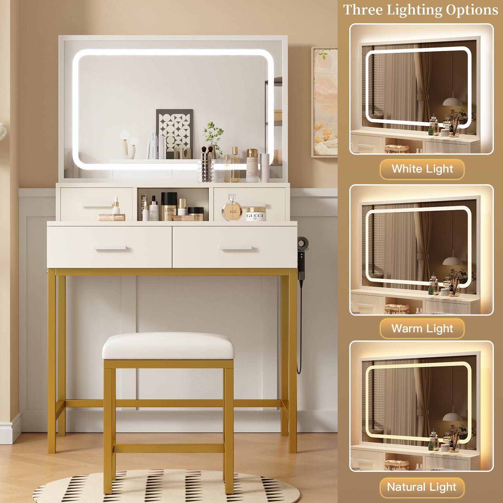 Makeup Vanity with Mirror and Lights, Vanity Desk Table with 2 Drawers, Extra Storage Boxes and Hairdryer Holder, 3 Color Modes Available, Vanity Desk with Chair Set for Bedroom, White