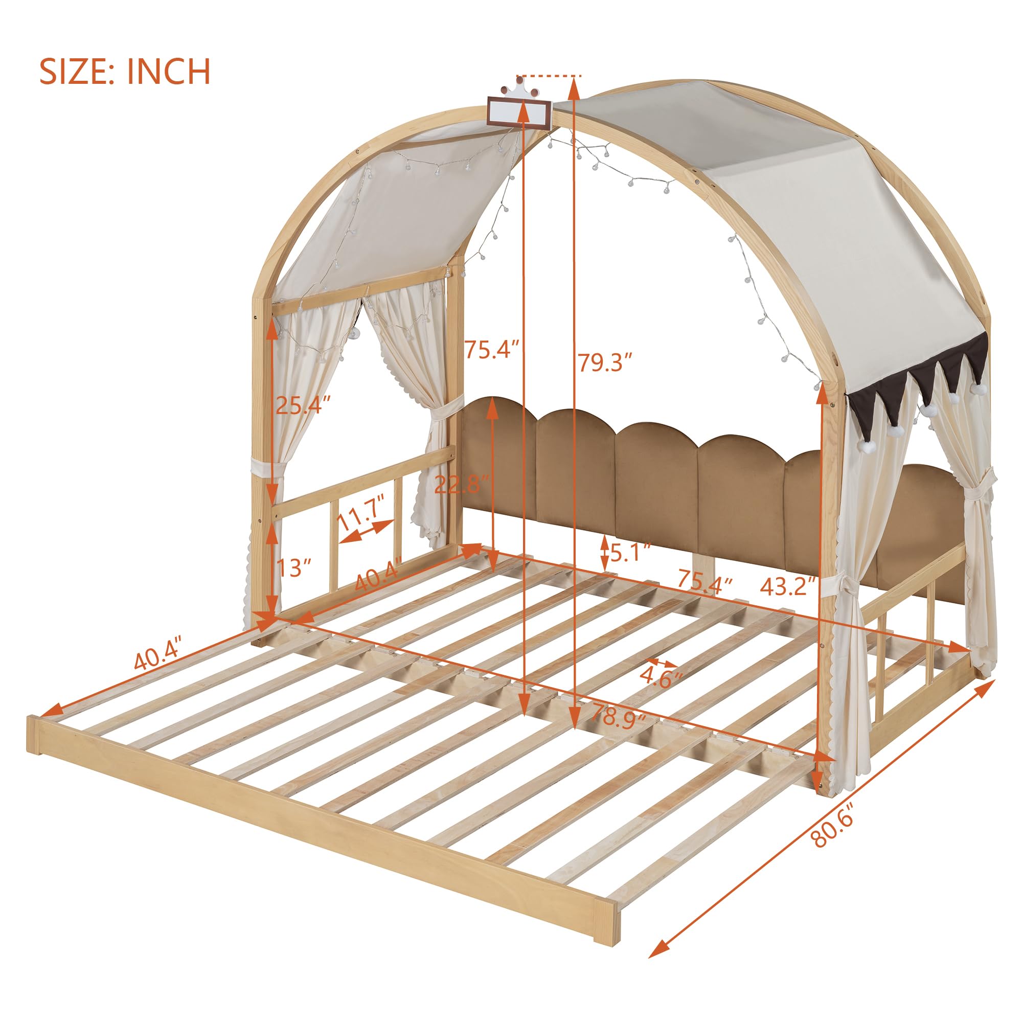 Polibi Twin Size Extended Bed with Arched Canopy, Trundle and Light Strip, Wooden Canopy Bed with Whiteboard (Natural)