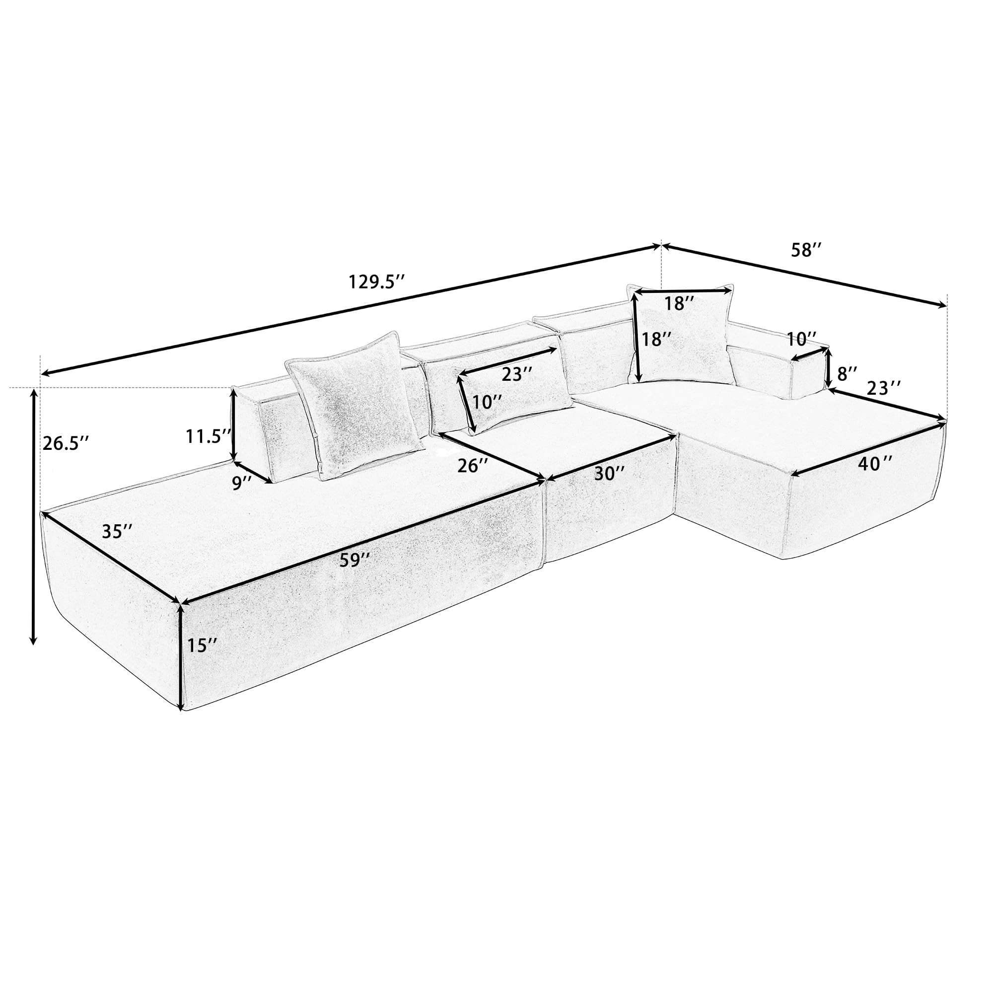 129" L-Shape Modular Sectional Sofa Couch—Comfy Modern Minimalist Upholstered Corn Cloud Couches for Living Room Apartment, Deep Seat, No Assembly Required (Beige, Right Facing Chaise)