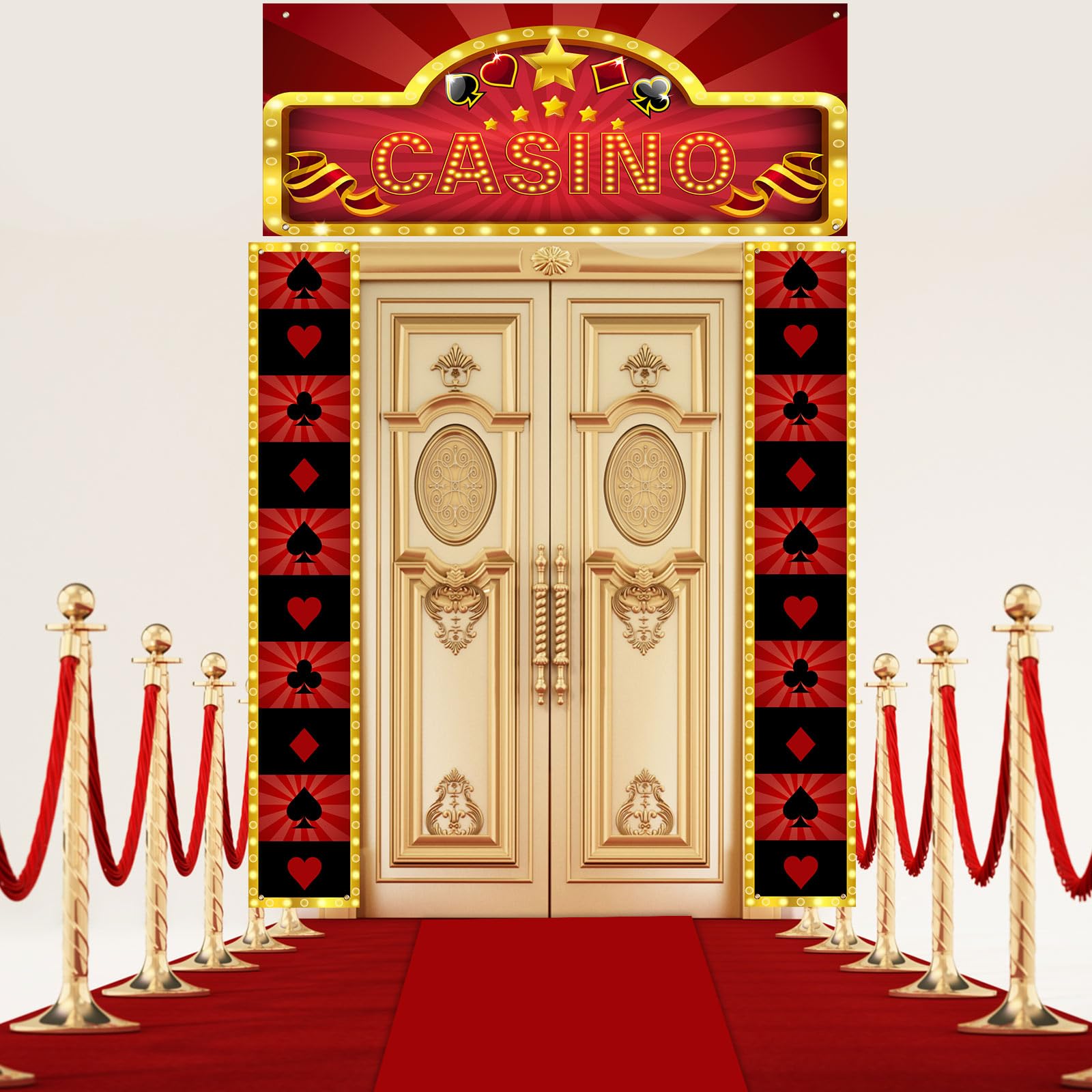 Peryiter 4 Pcs Casino Night Party Entryway Decorations Casino Hanging Banner Poker Welcome Porch Sign Red Carpet for Las Vegas Game Casino Themed Birthday Party Supplies Photo Background