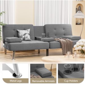 Shahoo Modern Linen Upholstered Convertible Folding Futon Sofa Bed with Removable Armrests, Metal Legs, 2 Cup Holders for Living Room, Dark Grey