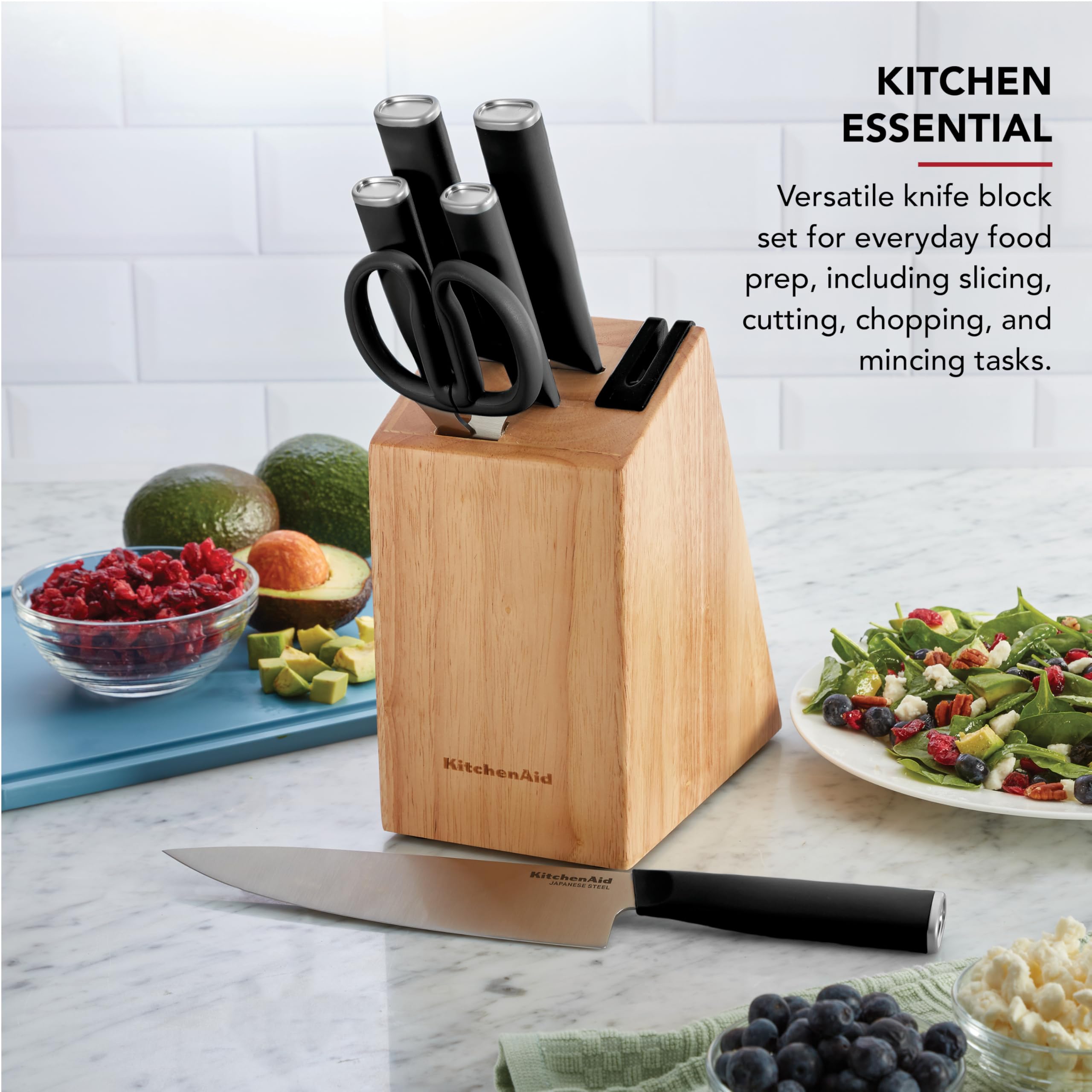 KitchenAid Classic 7-Piece Natural Knife Block Set with Built-In Sharpener, High-Carbon Japanese Stainless Steel Knives, Black