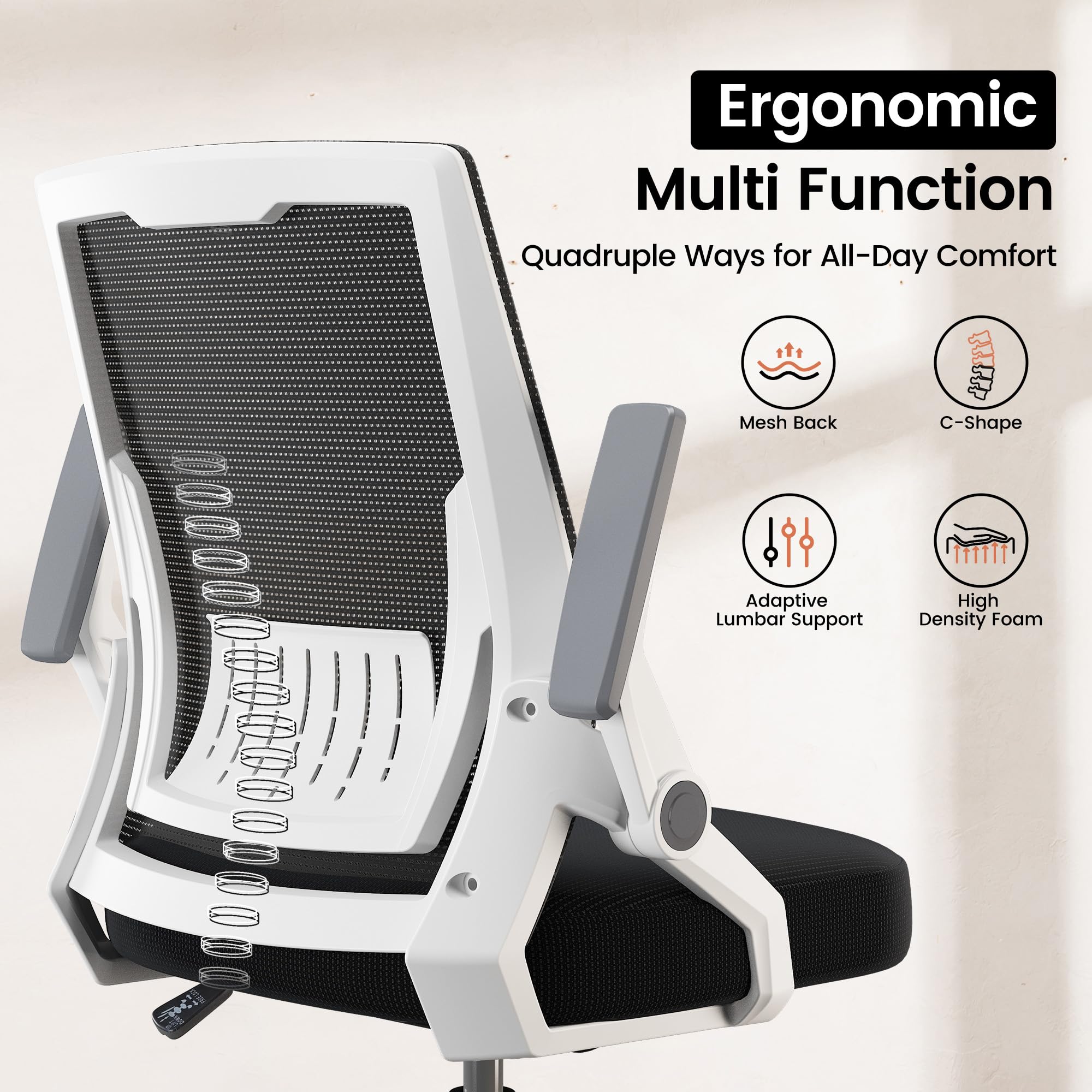 GTPOFFICE Ergonomic Office Chair, Computer Desk Chair Comfy with Adjustable Lumbar Support, Mid-Back Mesh Office Chair with Flip-up Armrest, Tilt Function Task Chair for Home, Bedroom, Gaming, White