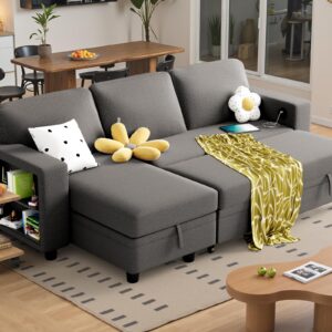 YESHOMY Convertible Sofa Bed with Pull-Out Sleeper, Living Room Couch with Built-in Storage Space, Gray