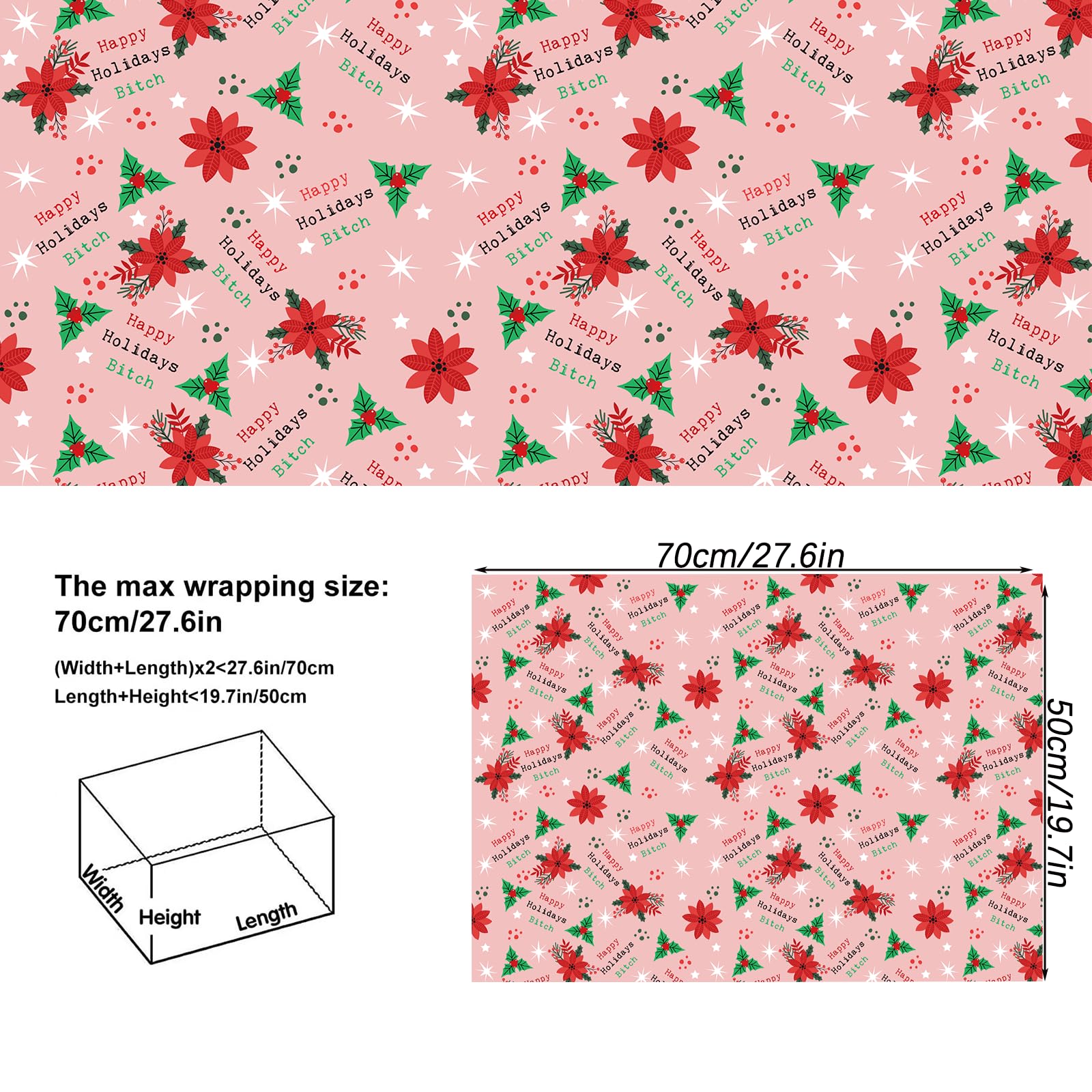 Vnaaem Funny Wrapping Paper Rude Xmas - Happy Holiday Bixxh - Pink Christmas Wrapping Paper Adult - Perfect for Winter Girlfriend Women - Inappropriate Gift Wrap - 20 X 28 Inches (6 Folded Sheet)