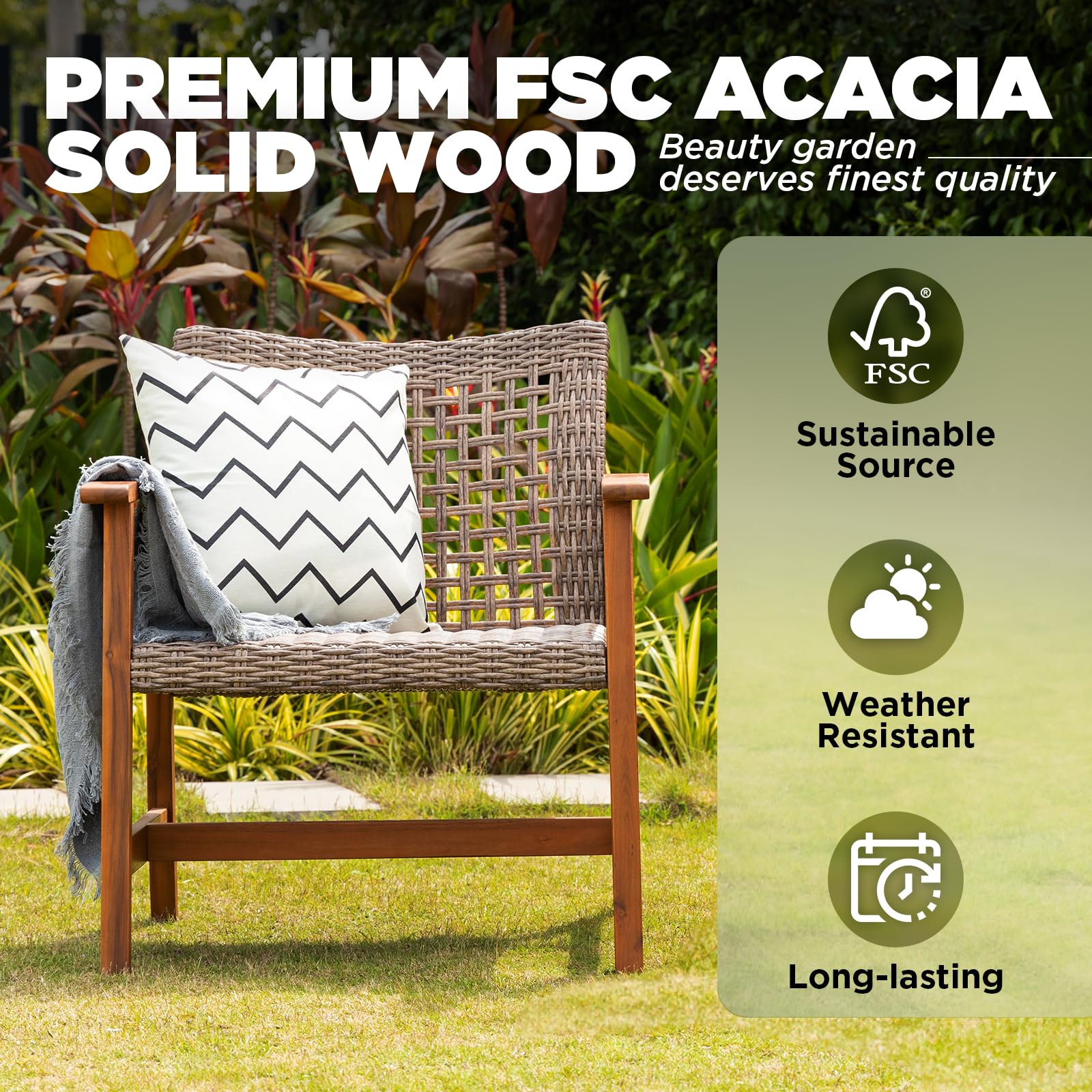 IDZO Liberte 500lbs Capacity Acacia Outdoor Club Chairs Set of 2, FSC Teak Finish Wood Patio Furniture Sets with Upgraded 2000Hours UV Resistant Wicker